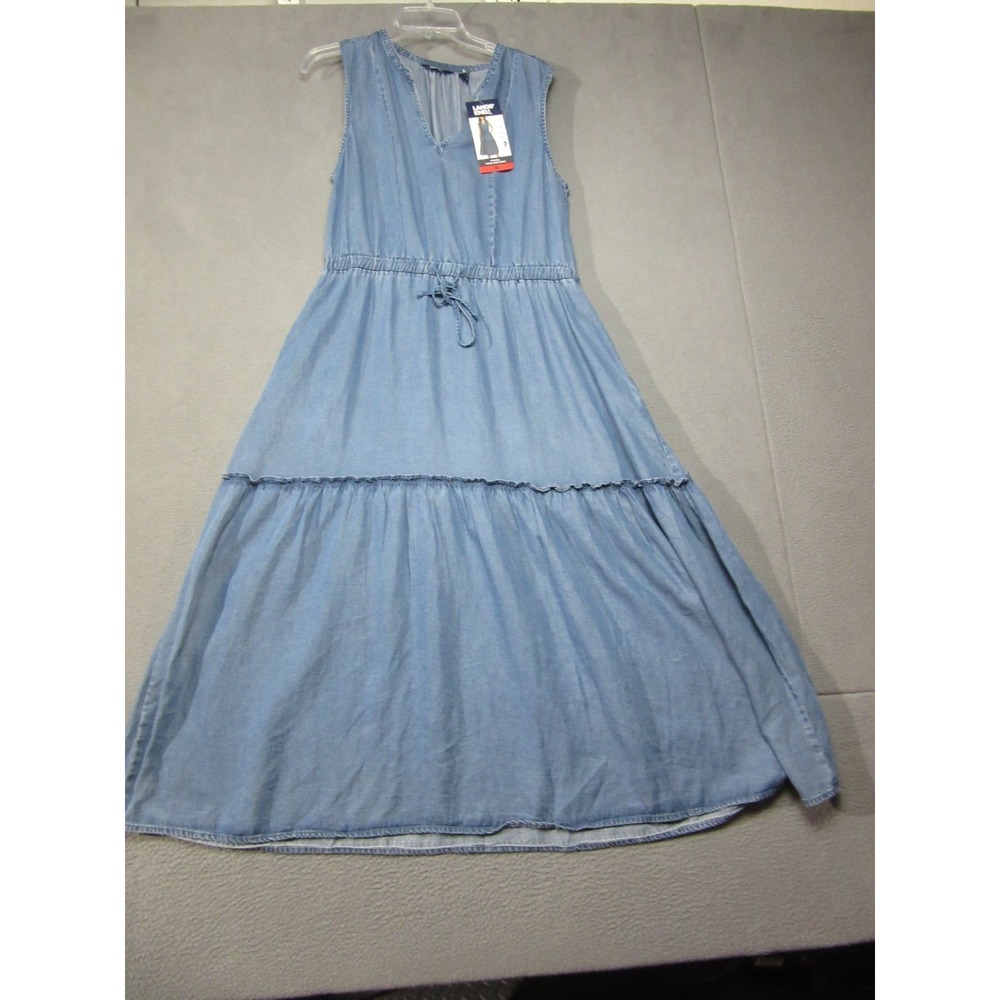 Lands End Dress Womens Medium Blue Chambray Denim A-Line Tiered Midi Pockets